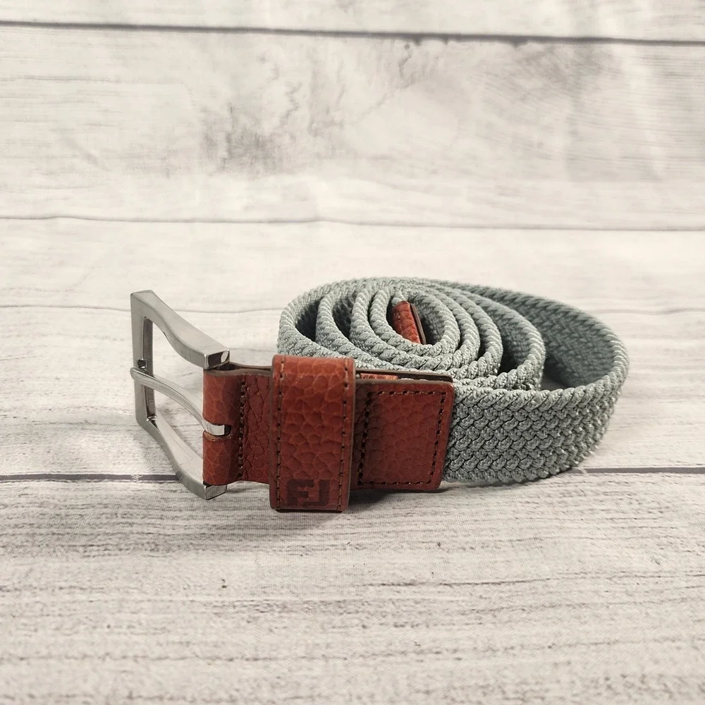 FootJoy Mens Braided Golf Belt Gray Woven Stretch Leather Trim Silver Buckle